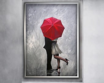 Couple embracing canvas painting, Woman with umbrella canvas painting, Two lovers canvas painting, Wall art canvas design, Framed canvas