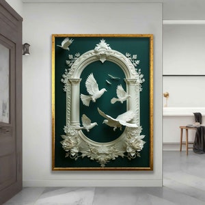 A white paper sculpture of doves flying around an arc canvas print, flying pigeons art, birds canvas painting