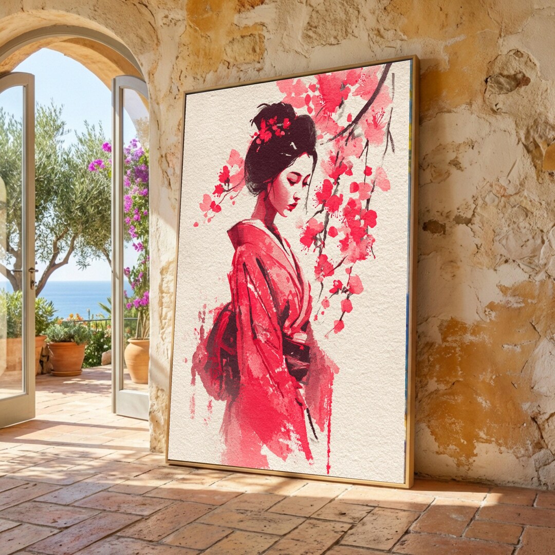 Elegant Geisha in Red Kimono Canvas, Japanese Woman Wall Art, Cherry ...