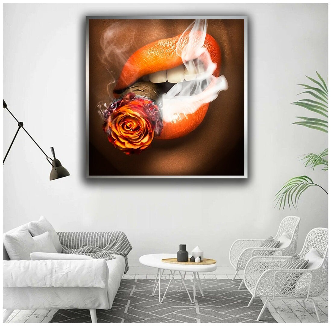 Smoking Woman Poster, Lips Money Cigar Canvas Unique Design, Wall Art ...