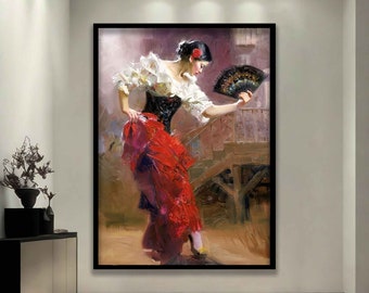 Spanish dancer woman canvas, flamenco girl art, old style spanish wall art, woman in red dress canvas print