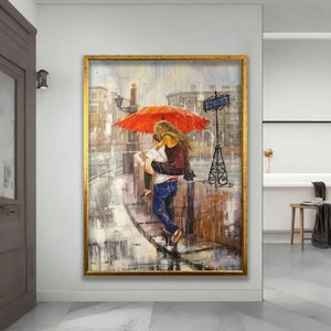 Canvas of lovers kissing under umbrella, couple with red umbrella wall art, love painting, love print