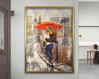Canvas of lovers kissing under umbrella, couple with red umbrella wall art, love painting, love print