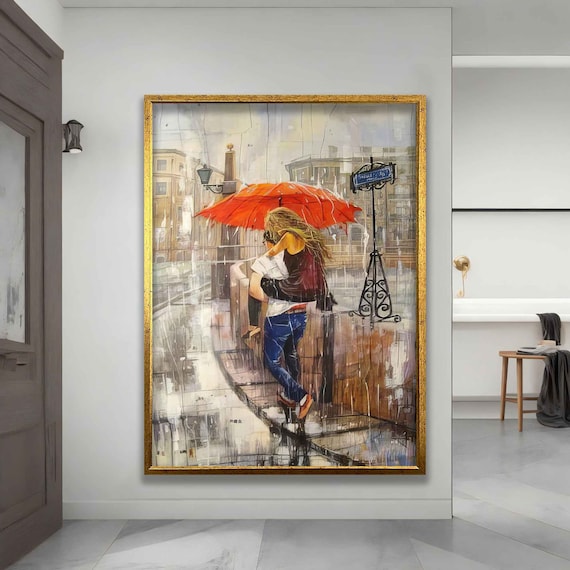 Canvas of lovers kissing under umbrella, couple with red umbrella wall art, love painting, love print