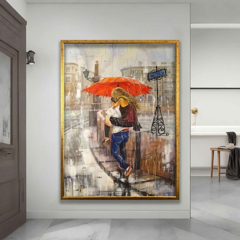 Toile d'amoureux s'embrassant sous un parapluie, art mural couple avec parapluie rouge, peinture d'amour, impression d'amour image 1