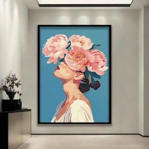 Flower Head Woman Canvas Art, Flower Head Woman Wall Art, Floral Woman Canvas Print, Woman Portrait Canvas