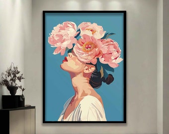 鮮やかな花のポートレート、花の頭の女性のキャンバスプリント、花の頭