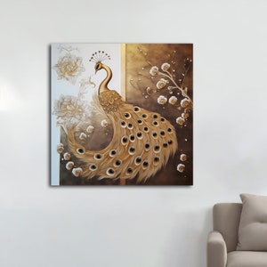 Peacock canvas painting, Golden peacock, Gold peacock decor, Peacock Wall Art