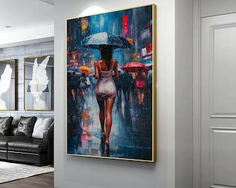 Impresión en lienzo de mujer sexy, arte de mujer con paraguas, decoración en lienzo de mujer con vestido, póster de pared de mujer sexy, arte de paisaje colorido,