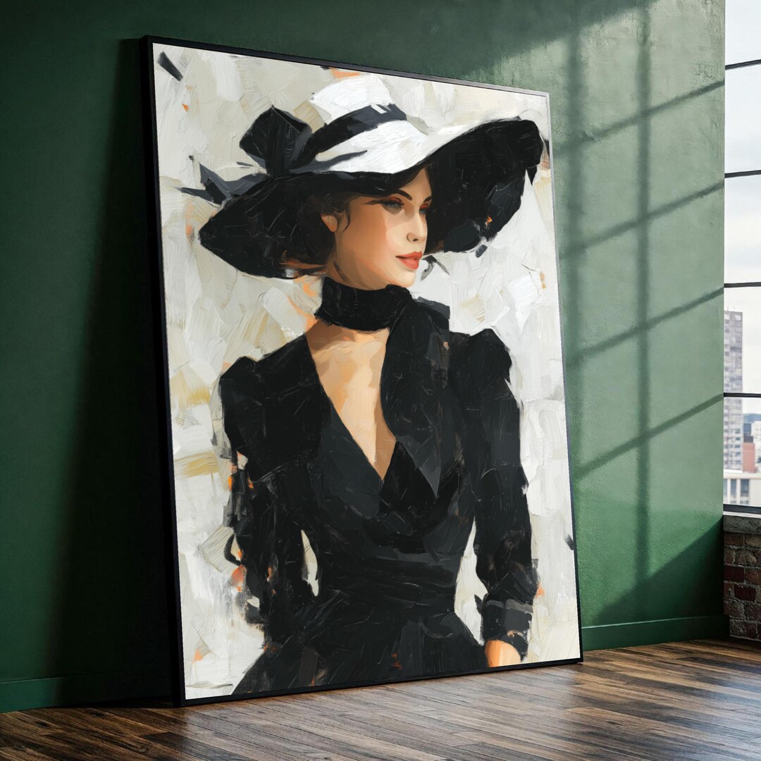 Elegant Woman in Black Hat Canvas, Vintage Style Portrait Wall Art ...
