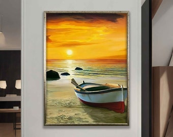Cuadro de barco en lienzo, arte de barco al atardecer, cuadro de paisaje de barco, impresión de lienzo de barco en la playa