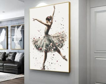 May include: A ballerina in a flowing green tutu with floral accents dances on a white background with scattered pink and white petals. The ballerina's hair is pulled back in a bun and she is wearing pointe shoes.