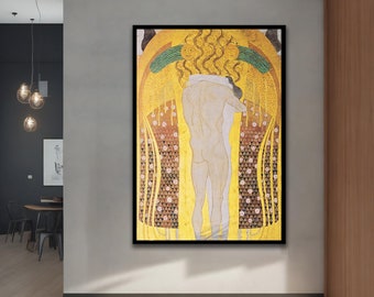Gustav Klimt, Friso de Beethoven, Coro celestial y abrazo, impresiones artísticas, Arte vintage, Arte mural, Diseño de lienzo, Lienzo enmarcado