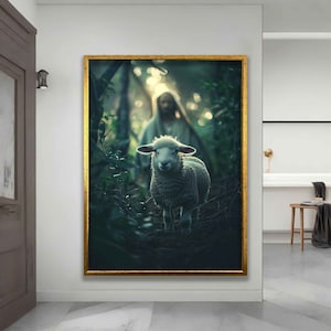 Jesus Running After a Lost Lamb Canvas Wall Art, jesus Running After a Lost Lamb, Jesus Lamb of God art