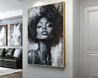 May include: Black and white painting of a woman with her eyes closed. The woman has an afro hairstyle and is painted in a realistic style.