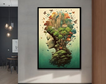 May include: A digital painting of a woman's face with a city and forest growing out of her head. The city is made up of buildings and trees, and the forest is made up of trees and flowers. The woman's face is serene and peaceful, and her eyes are closed. The painting is done in a style that is both realistic and whimsical.