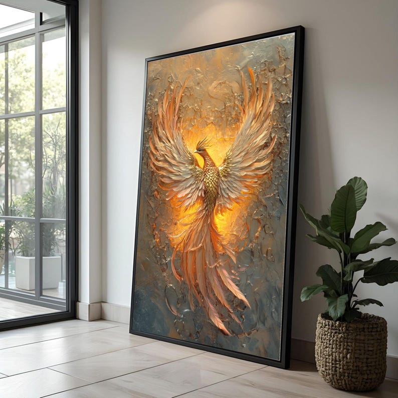 Majestic Phoenix Rising Canvas Wall Art, Fiery Bird Abstract Painting ...