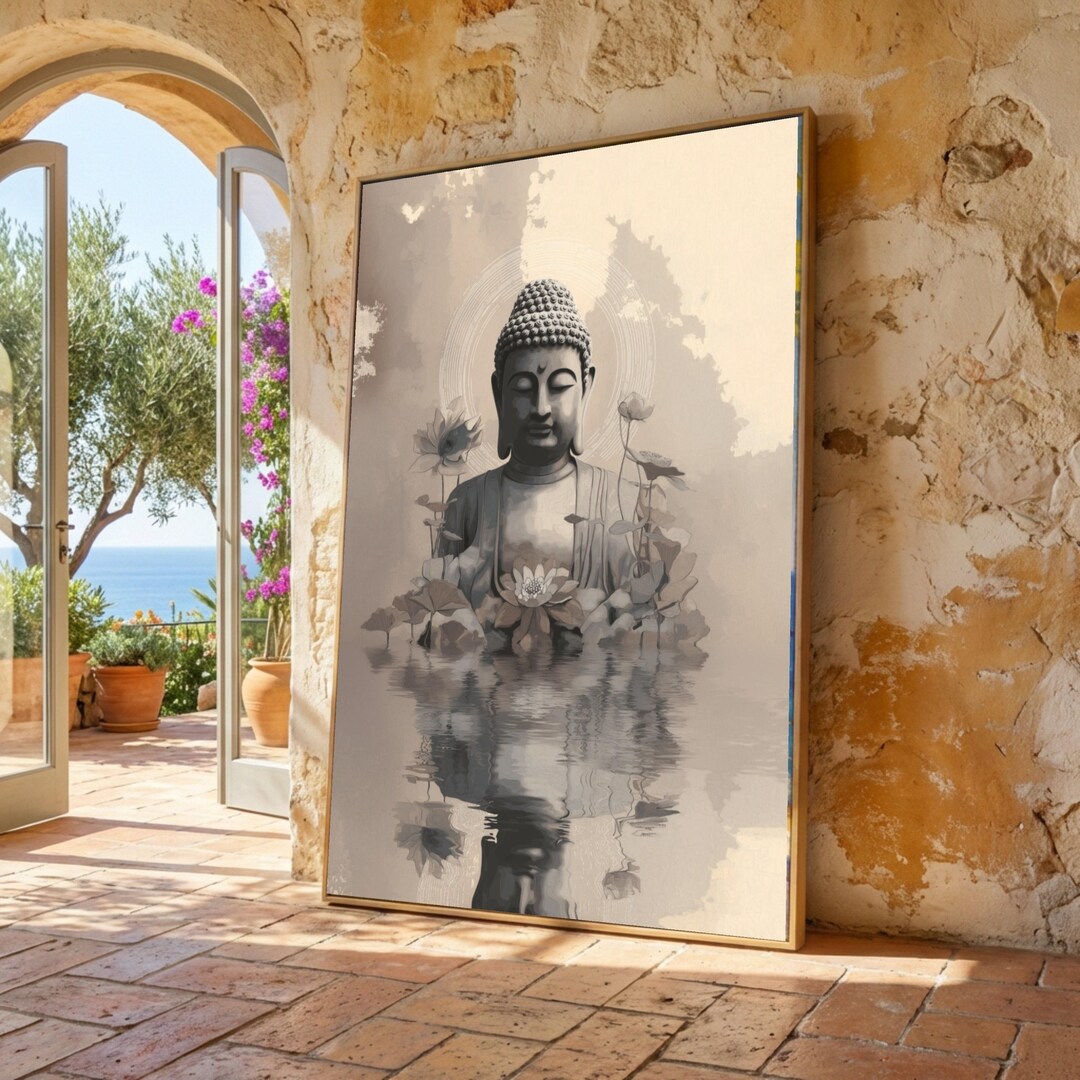 Serene Buddha Statue Canvas, Lotus Flower Wall Art, Zen Meditation ...