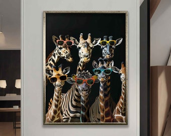 Giraffes with glasses canvas art, funny giraffe portrait, giraffe poster, colorful giraffes wall art