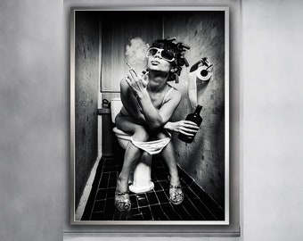 Woman Drinking in the Toilet Painting, Girl on the Toilet Wall, Modern Design, Home Decor, Canvas Print, Wall Art