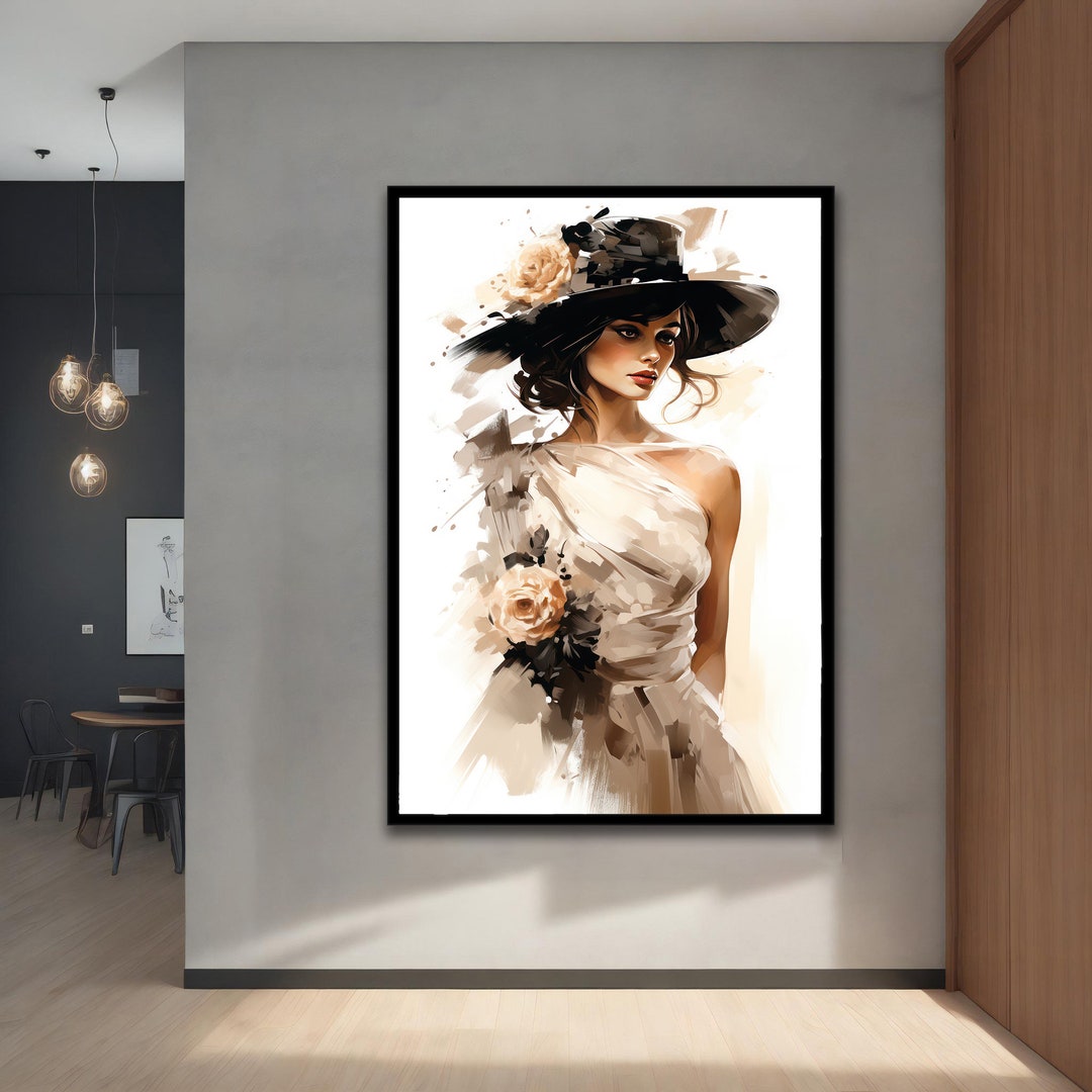 Beautiful Woman With Hat Art Print, Abstract Woman Wall Art, Modern ...