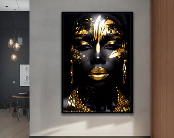 May include: A black and gold portrait of a person with gold paint on their face and neck. The person is wearing gold earrings and a gold necklace.