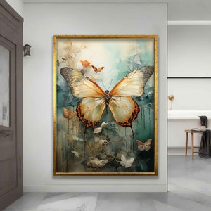 Yellow butterfly framed canvas painting, butterfly in flowers wall decor, butterfly poster, butterfly art, butterfly wall art