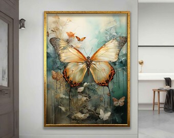 May include: A framed painting of a large, yellow butterfly with orange and brown markings. The butterfly is surrounded by a watercolor background with green, blue, and brown hues. There are smaller butterflies in the background.