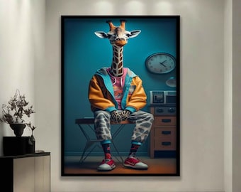 Giraffe man canvas wall art, giraffe poster, funny giraffe art, colorful giraffe print, kids room decor
