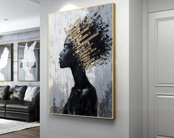 May include: Abstract painting of a woman's face with a gold crown. The woman's face is black and the background is a mix of gray and white.