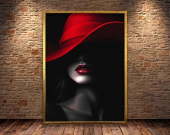 May include: A woman's face is partially obscured by a large, red hat. Her lips are painted a bright red, and her eyes are hidden in the shadows. The background is a dark, solid color.