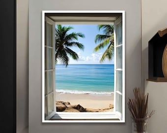 Pode incluir: Uma moldura de janela branca com vista para uma praia tropical. A janela está aberta e a praia é visível através da abertura. A praia é arenosa e há palmeiras de ambos os lados da janela. A água é azul e há ondas quebrando na costa.