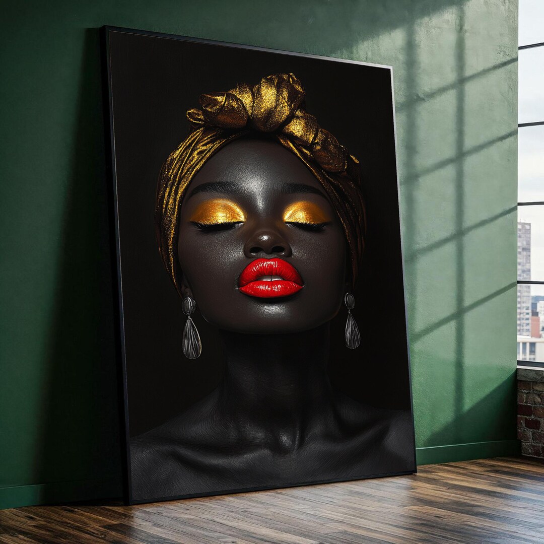 Elegant Black Woman Portrait Canvas, Gold Headwrap and Eyeshadow Wall ...