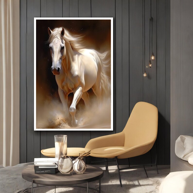 Horse Canvas Painting, White Horse Canvas Wall Art, Modern Decor Ideas