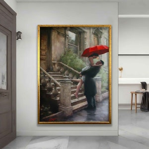 Love canvas, art of couples in love with umbrellas, love painting, couple hugging under umbrella poster