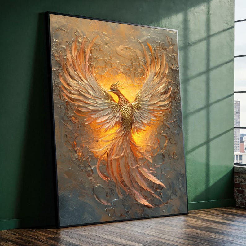 Majestic Phoenix Rising Canvas Wall Art, Fiery Bird Abstract Painting ...