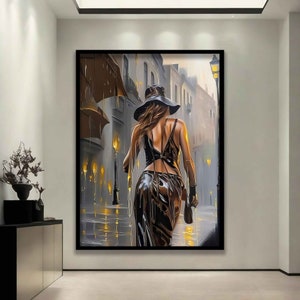 Beautiful woman in black dress art, beautiful woman canvas painting, girl in black dress art, woman in hat print, woman poster