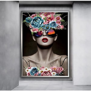 Woman with glasses canvas painting , Woman with flower head canvas painting , Woman canvas painting , Modern design  wall decor