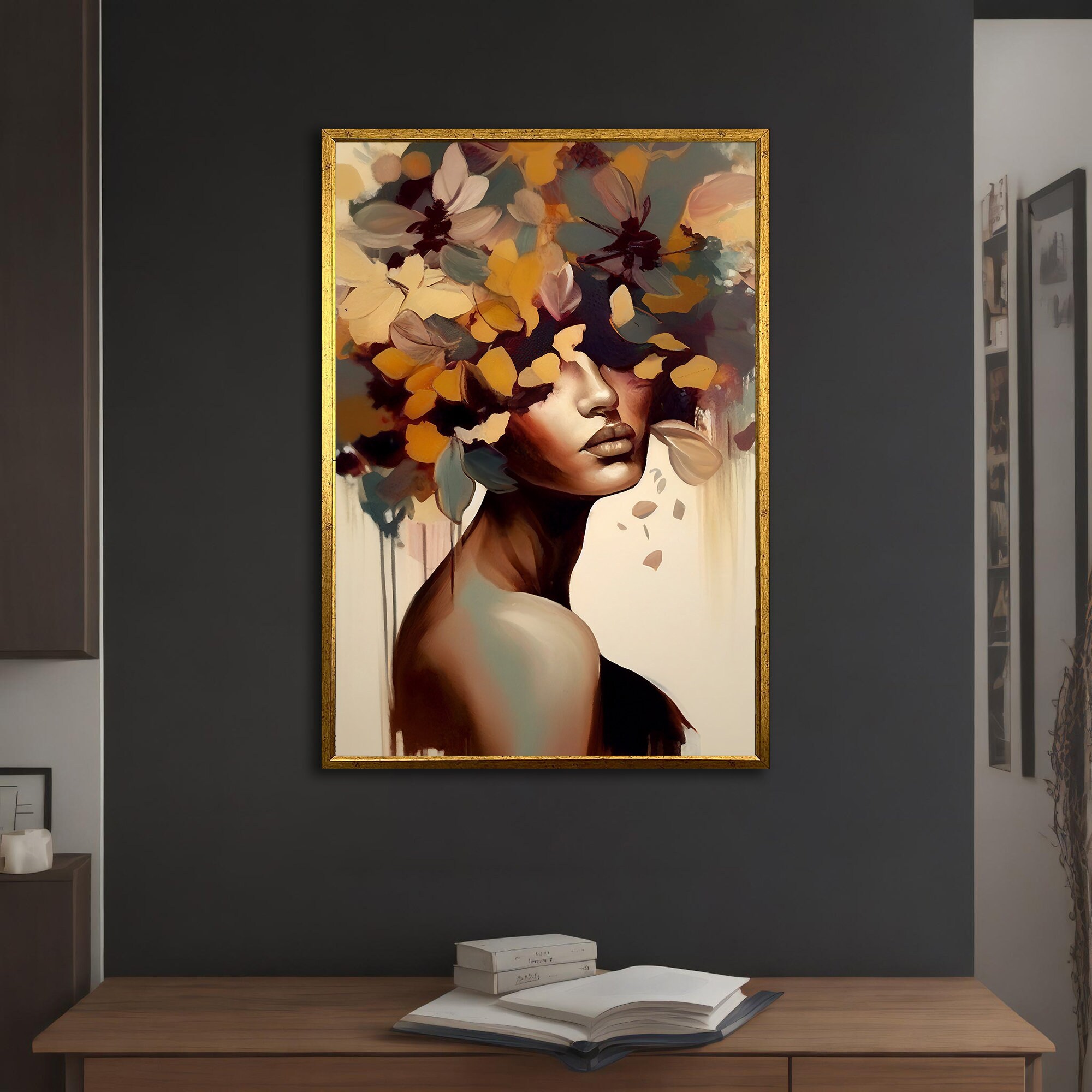 Floral Woman Portrait Canvas Painting, Abstract Woman Wall Art, Modern ...