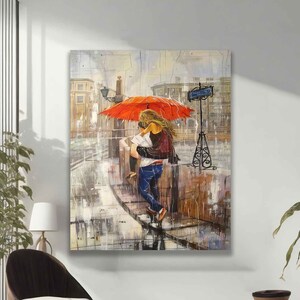 Toile d'amoureux s'embrassant sous un parapluie, art mural couple avec parapluie rouge, peinture d'amour, impression d'amour image 5