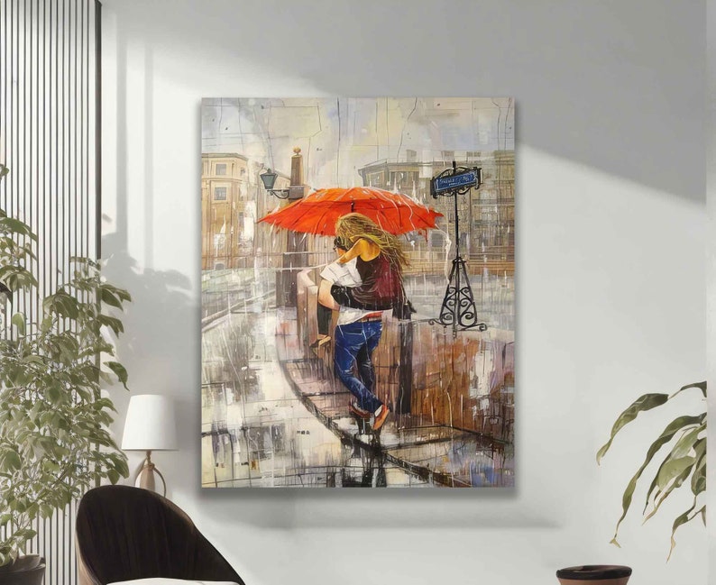 Toile d'amoureux s'embrassant sous un parapluie, art mural couple avec parapluie rouge, peinture d'amour, impression d'amour image 5
