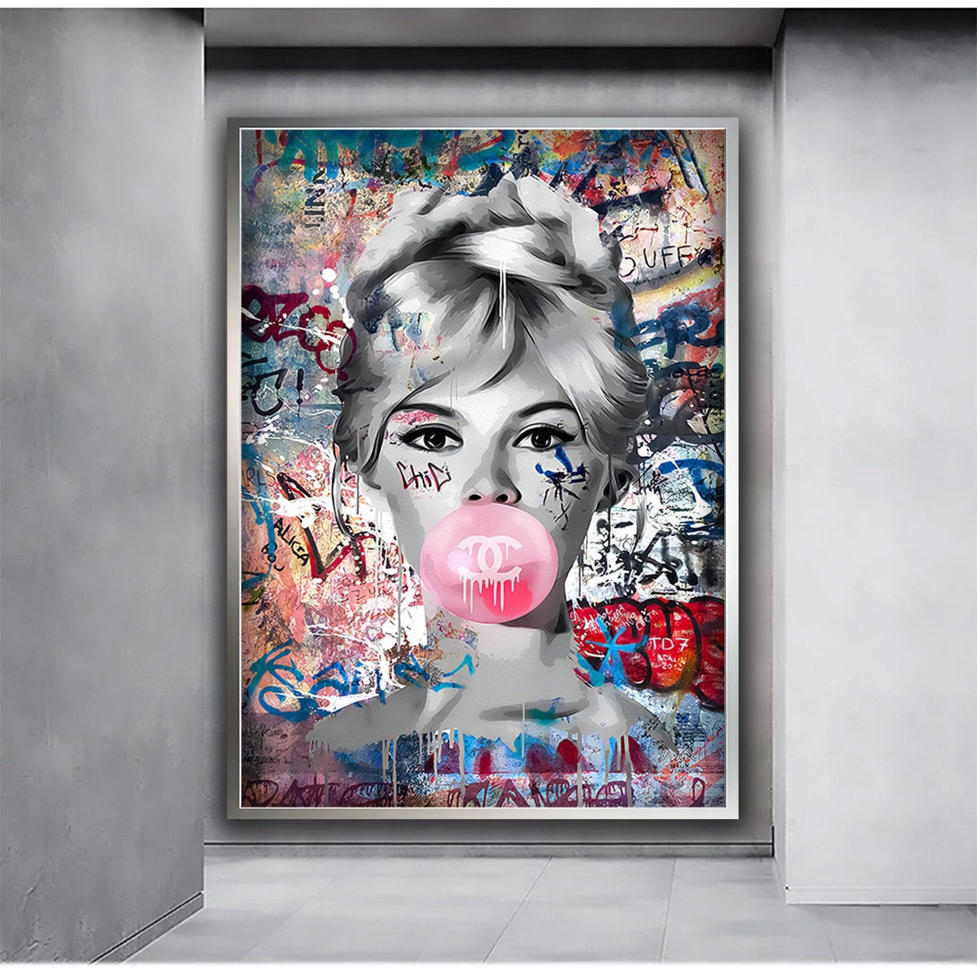 Blonde Woman Popping Gum Canvas Painting, Gummy Graffiti Woman