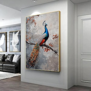 Impresión en lienzo de pavo real colorido, decoración de pared de pavo real, póster de pared de pájaro colorido, lienzo moderno, póster de pavo real,