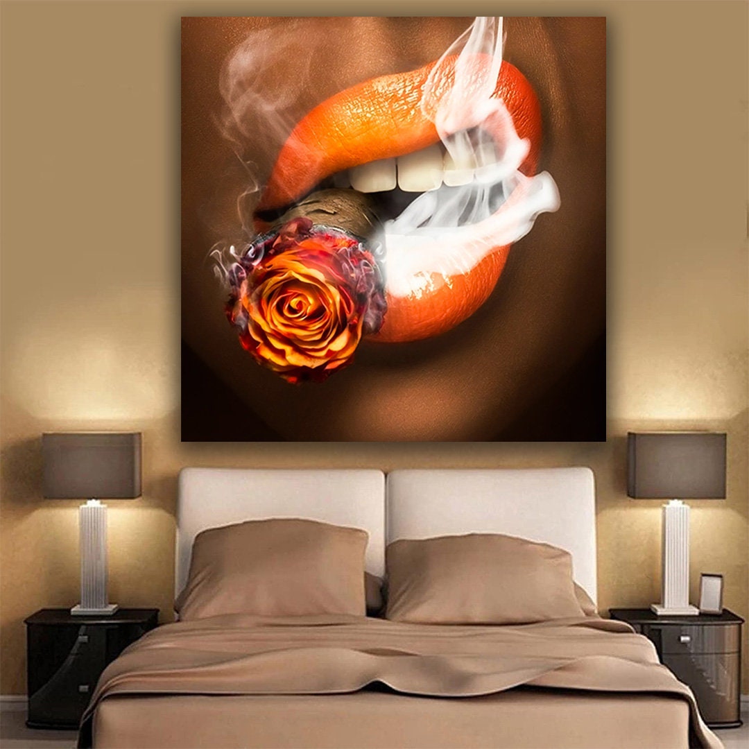 Smoking Woman Poster, Lips Money Cigar Canvas Unique Design, Wall Art ...
