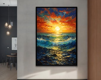 Sunset at Sea Oil Painted Canvas, Landscape Art, Wall Art for Home and Office,Modern, Natural,Vivid Decor Ideas with Different Frame Options
