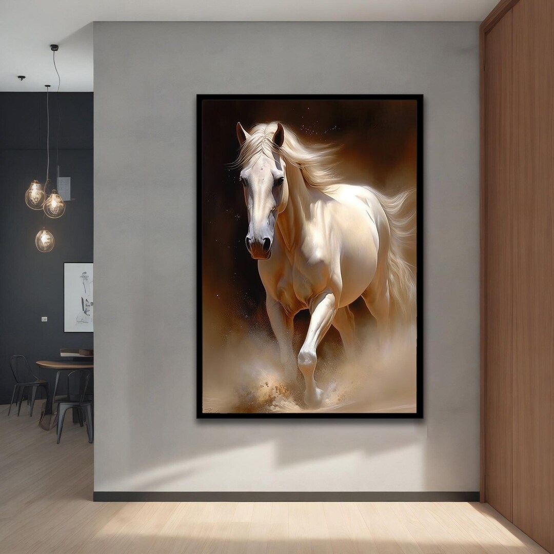Horse Canvas Painting, White Horse Canvas Wall Art, Modern Decor Ideas