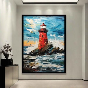 Leuchtturm gerahmtes Gemälde, Leuchtturm Blick Wandkunst, Landschaftsdruck auf Leinwand