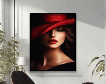 May include: A woman with red lipstick wears a large red hat with a wide brim. The hat covers most of her face, but her eyes are visible and she is looking directly at the viewer.