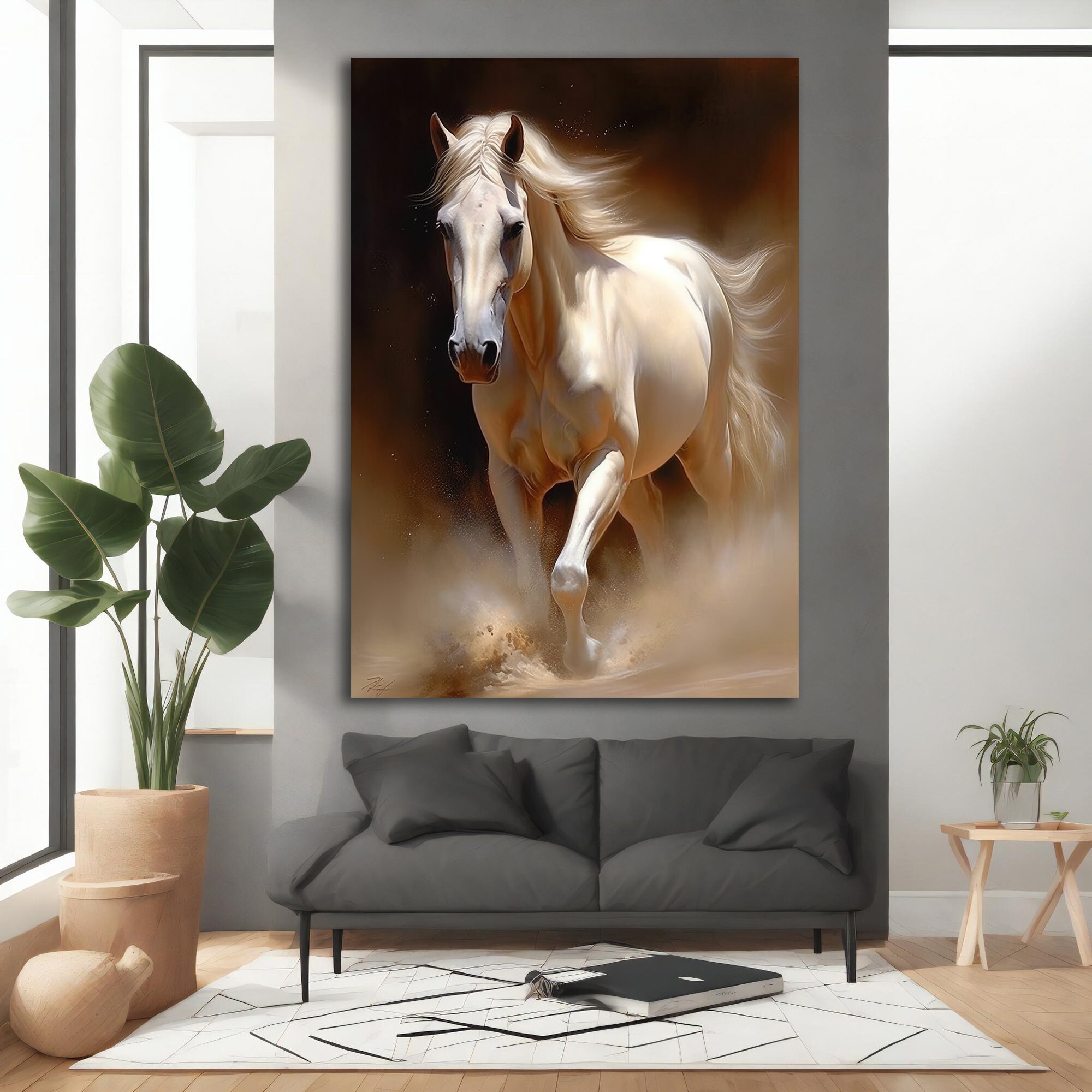 Horse Canvas Painting, White Horse Canvas Wall Art, Modern Decor Ideas ...