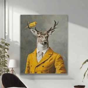 Veado em terno, arte de parede abstrata de veado, impressão de animal, pôster de tela de retrato de animal de estimação